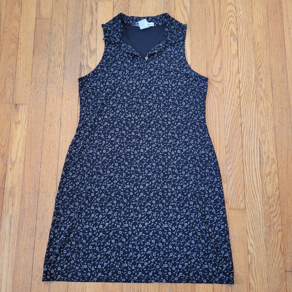 California‎ Concepts L Sleeveless Dress Black Floral Polo Stretch Vintage 90s